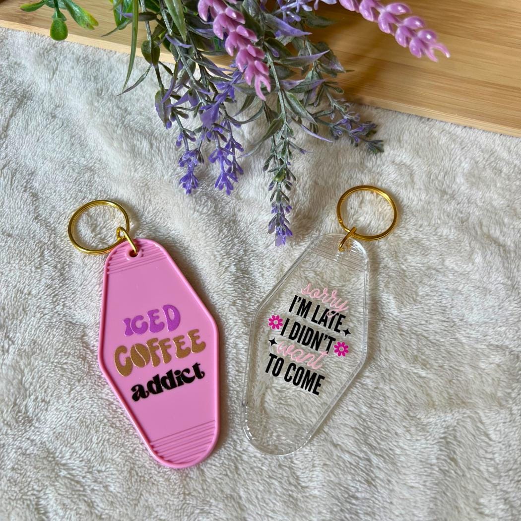 Iced Coffee Addict, Iced Coffee Lover, Funny Sayings, Pink Keychain, Motel Keychains, Key Accessories, Introvert Gift, Sassy Sayings