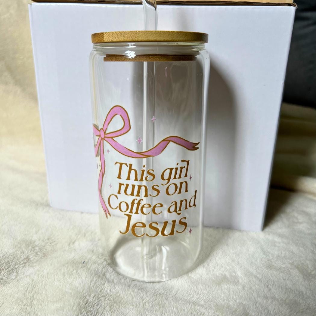 This Girl Runs on Coffee and Jesus | Pink Bow Tumbler | Christian Gifts for Women | Cute Faith Tumbler | Iced Coffee Tumbler