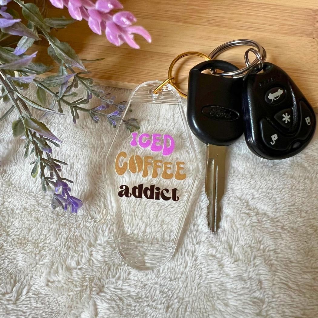 Iced Coffee Addict, Iced Coffee Lover, Funny Sayings, Pink Keychain, Motel Keychains, Key Accessories, Introvert Gift, Sassy Sayings
