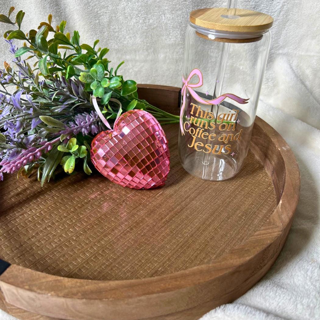 This Girl Runs on Coffee and Jesus | Pink Bow Tumbler | Christian Gifts for Women | Cute Faith Tumbler | Iced Coffee Tumbler