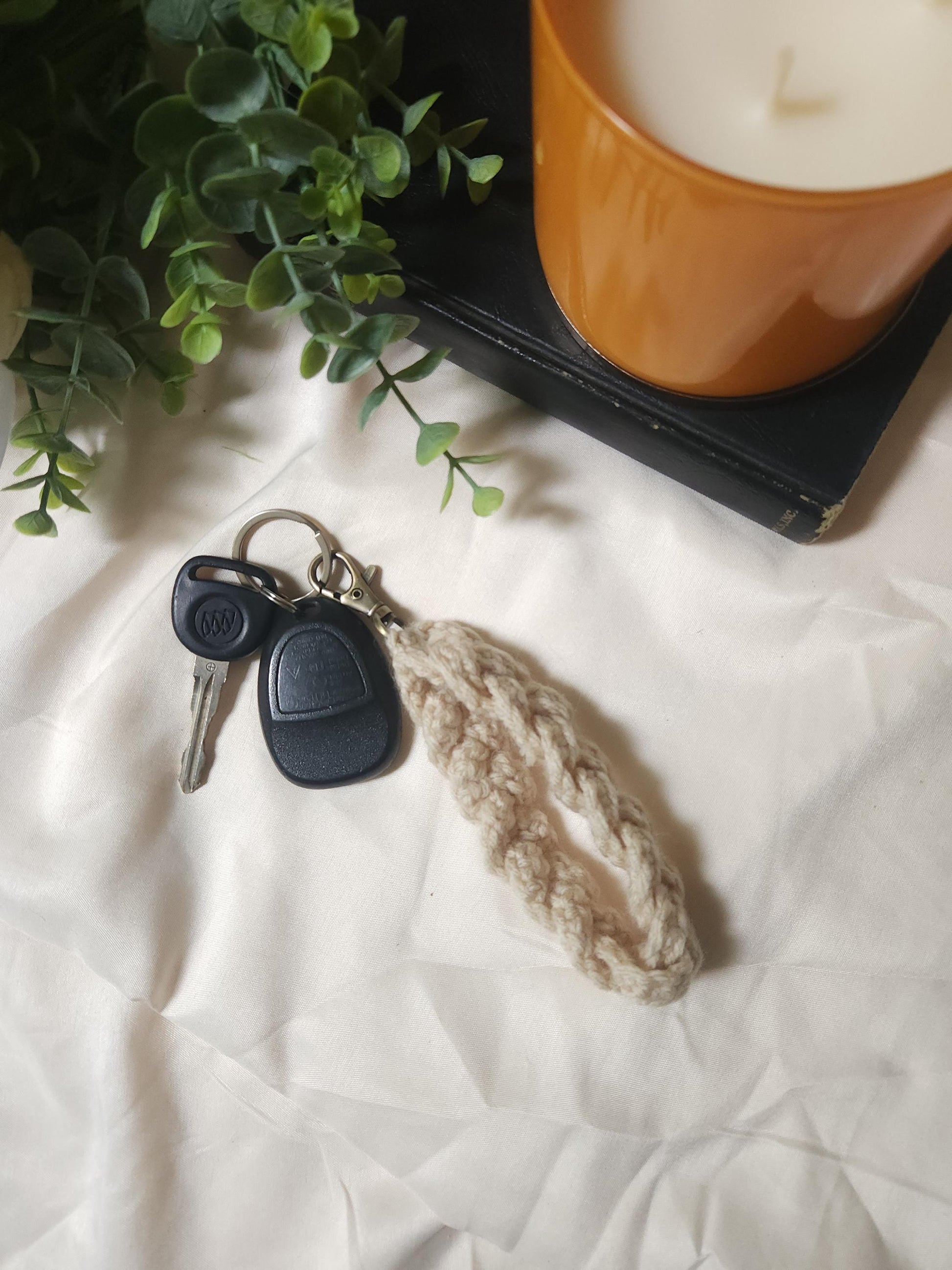 Braided Crocheted Keychain Wristlet, Boho Wristlet, Mother's Day Gift, Crochet Keychain, Cottage Core, Country Wristlet, Wrist Keychain