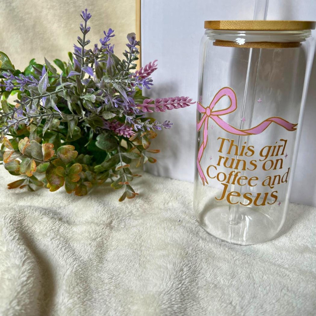 This Girl Runs on Coffee and Jesus | Pink Bow Tumbler | Christian Gifts for Women | Cute Faith Tumbler | Iced Coffee Tumbler