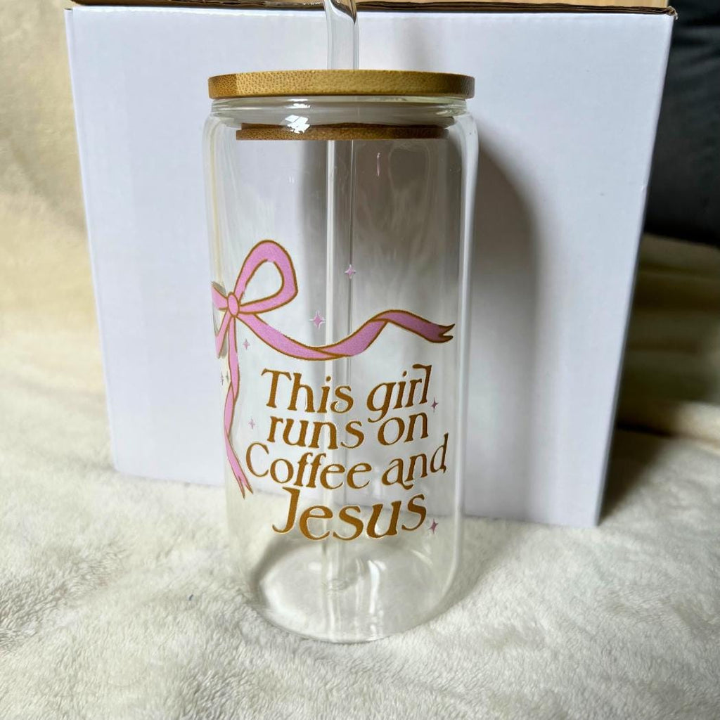 This Girl Runs on Coffee and Jesus | Pink Bow Tumbler | Christian Gifts for Women | Cute Faith Tumbler | Iced Coffee Tumbler