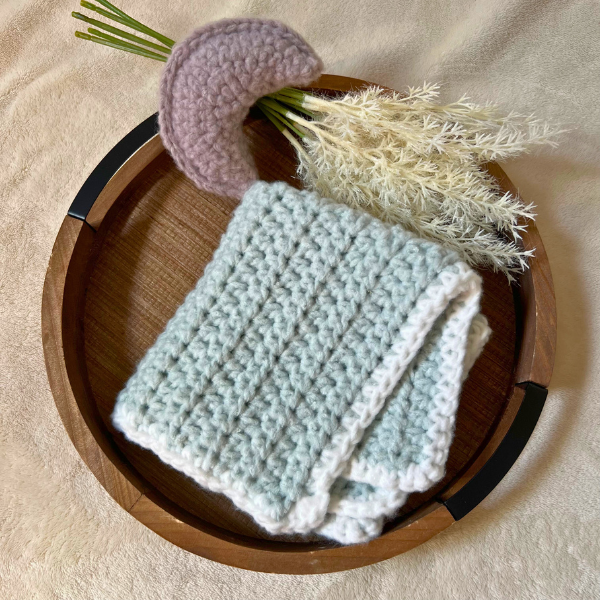 Crochet Fleece Lovey Blanket with Crescent Moon | Handmade Sage Green Baby Lovey | Soft Security Blanket | Gender Neutral Baby Gift