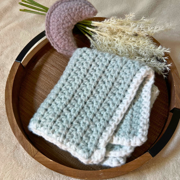 Crochet Fleece Lovey Blanket with Crescent Moon | Handmade Sage Green Baby Lovey | Soft Security Blanket | Gender Neutral Baby Gift