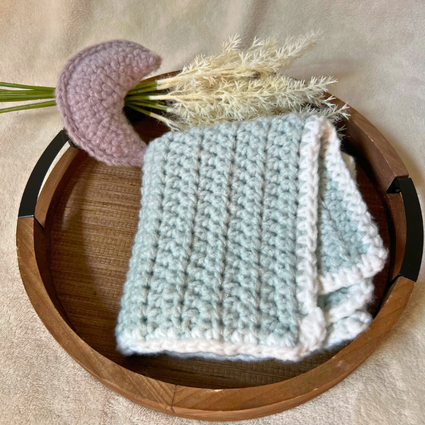 Crochet Fleece Lovey Blanket with Crescent Moon | Handmade Sage Green Baby Lovey | Soft Security Blanket | Gender Neutral Baby Gift