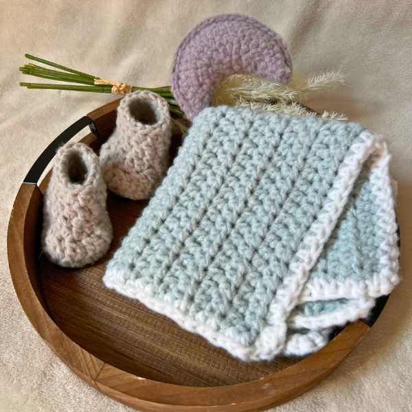 Crochet Fleece Lovey Blanket with Crescent Moon | Handmade Sage Green Baby Lovey | Soft Security Blanket | Gender Neutral Baby Gift