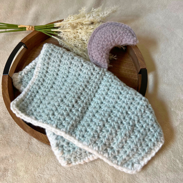 Crochet Fleece Lovey Blanket with Crescent Moon | Handmade Sage Green Baby Lovey | Soft Security Blanket | Gender Neutral Baby Gift