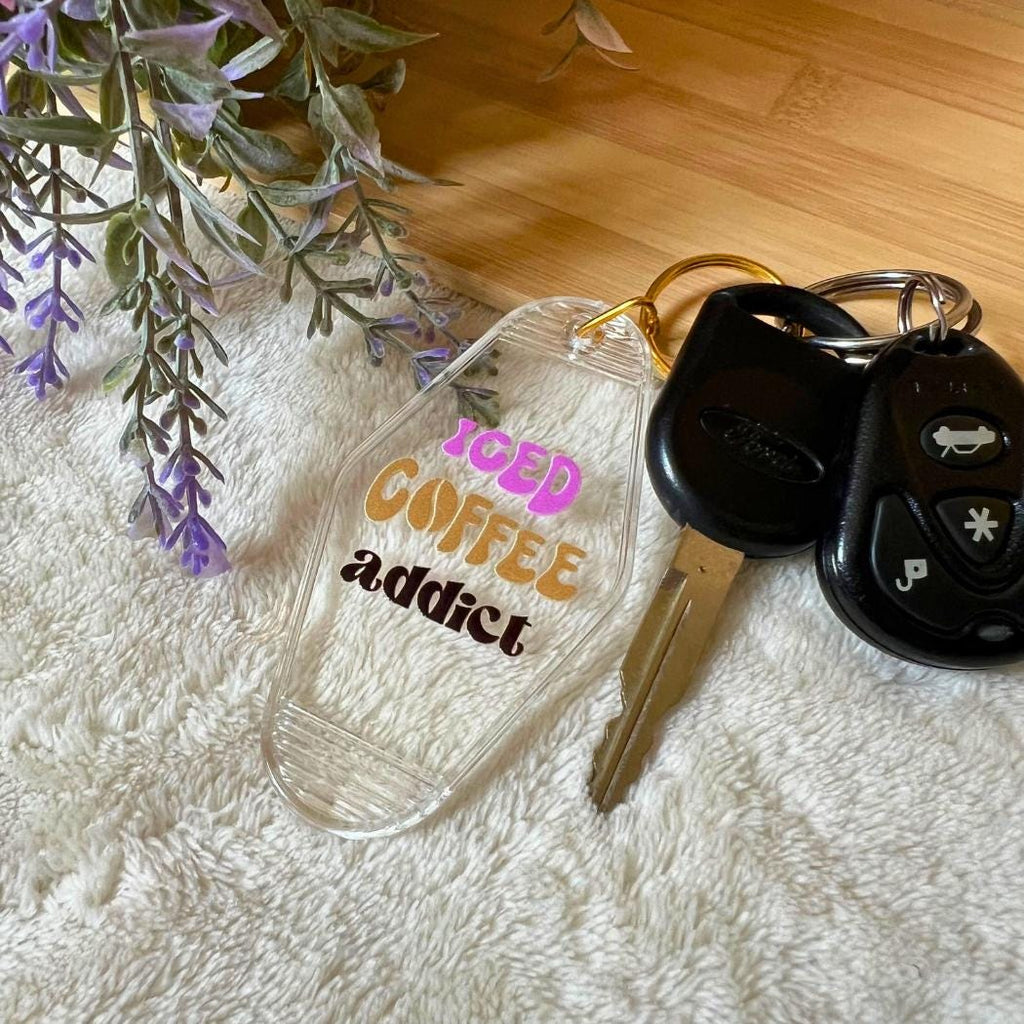 Iced Coffee Addict, Iced Coffee Lover, Funny Sayings, Pink Keychain, Motel Keychains, Key Accessories, Introvert Gift, Sassy Sayings