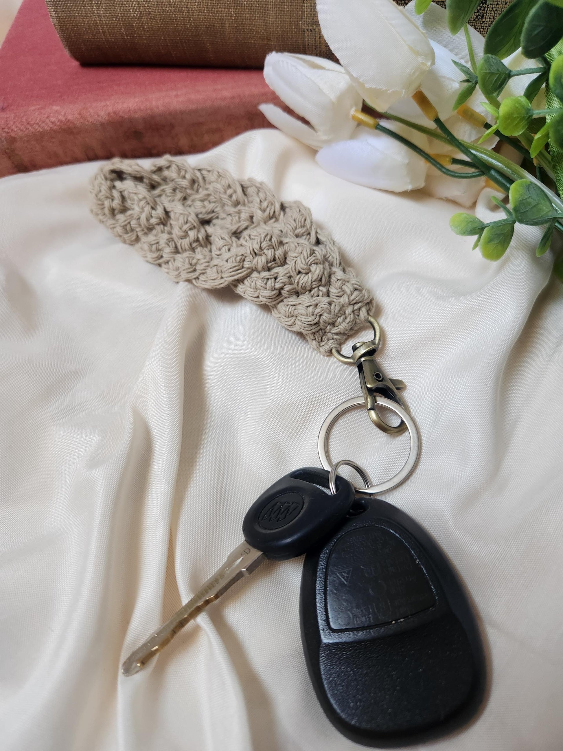 Braided Crocheted Keychain Wristlet, Boho Wristlet, Mother's Day Gift, Crochet Keychain, Cottage Core, Country Wristlet, Wrist Keychain