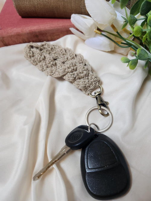 Braided Crocheted Keychain Wristlet, Boho Wristlet, Mother's Day Gift, Crochet Keychain, Cottage Core, Country Wristlet, Wrist Keychain