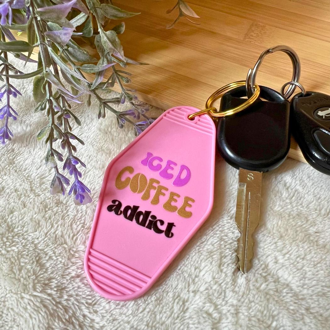 Iced Coffee Addict, Iced Coffee Lover, Funny Sayings, Pink Keychain, Motel Keychains, Key Accessories, Introvert Gift, Sassy Sayings